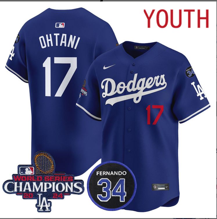 Youth MLB Los Angeles Dodgers 17 Ohtani blue 2024 World Series Champions Patch Limited Jersey style 2